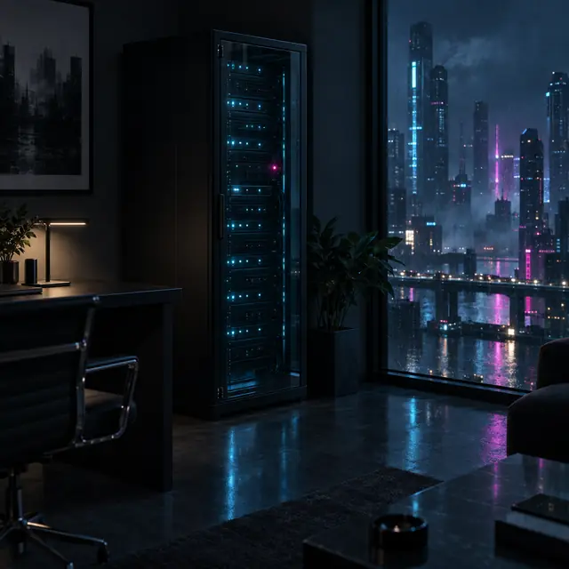 A small server cabinet with rows of status lights in a dark office.